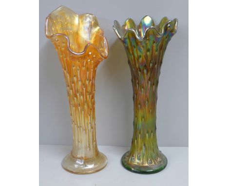 A Northwood iridescent carnival glass tree trunk vase and one other similar in marigold, base chipped 