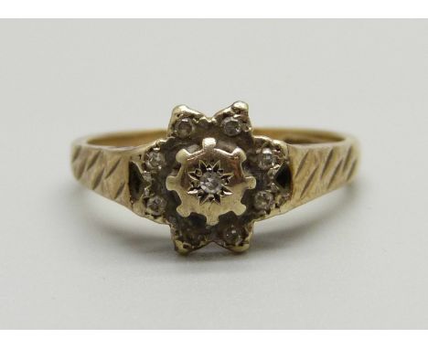 A 9ct gold and diamond ring, 3.2g, M 