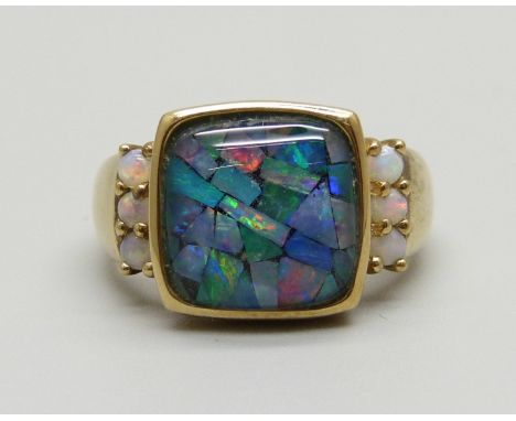 A 9ct gold, mosaic opal ring with opal shoulders, 3.6g, K 