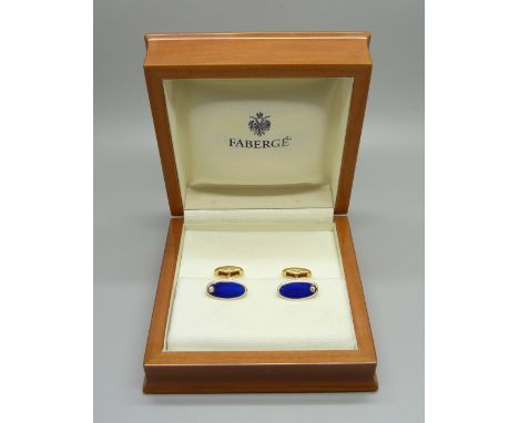 A pair of Faberge 18ct gold, guilloche enamel and diamond cufflinks, boxed, no.51/1000, 0.10cts, with certificate of authenti