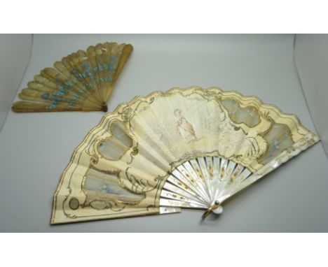 Two 18th/19th century fans. One boxed and made by J Duvelleroy, 167 Regent St W. London. Features 15 mother of pearl sticks w