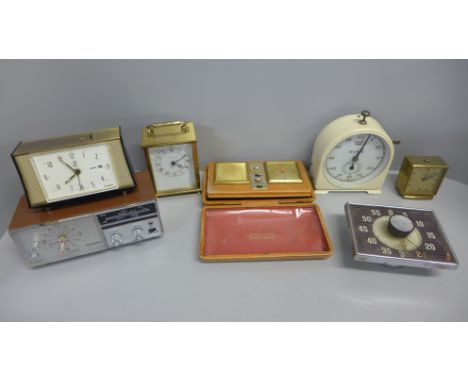 A collection of retro clocks, a Smiths darkroom timer, Swiza travel clock, etc. (7) 