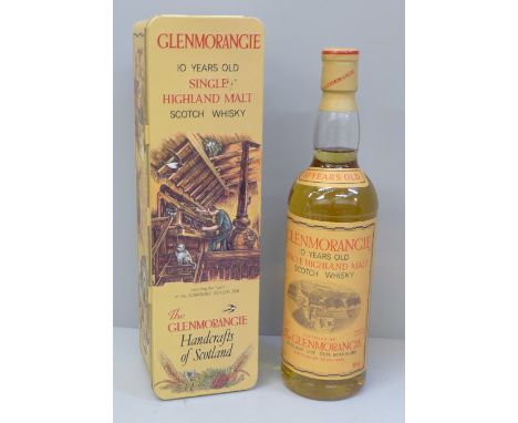 One bottle of 1990s Glenmorangie 10 Years Old Single Highland Malt Scotch Whisky in Handcrafts of Scotland tin 