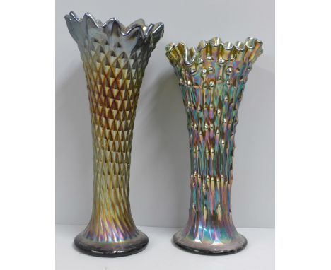 A Northwood iridescent purple carnival glass diamond point vase and a Fenton iridescent green tree trunk vase 