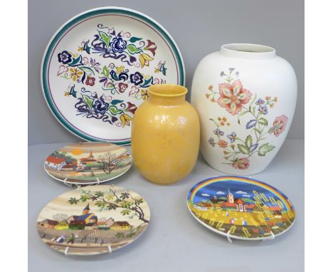 Two Poole pottery vases, a plate and three The Seasons plates (no winter) 