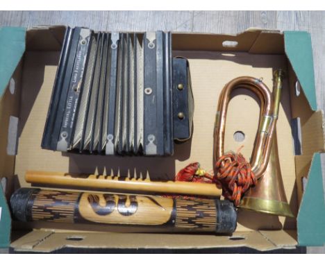 A bugle, an Imperial Little accordion, flute etc (4)