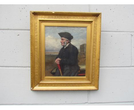 A late 19th Century oil on canvas, portrait of a retired naval man with telescope, looking out to sea. Monogram C.S. bottom r
