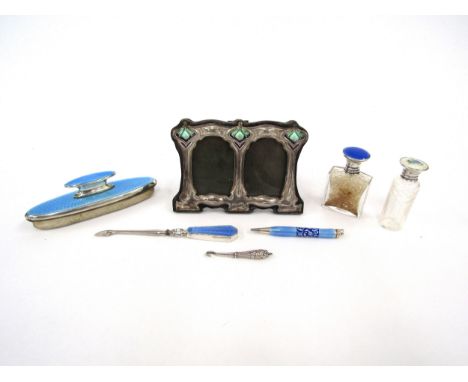 Two glass scent bottles with guilloche lids, similar nail buffer and button hook, blue guilloche propelling pencil, sterling 
