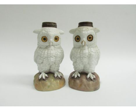 Two ceramic oil lamp bases in the form of Owls, white glazed and with blue Anchor mark and impressed EBS mark, 17cm tall 