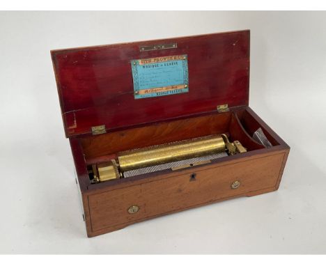 A 19th Century Nicole Freres cylinder music box playing four airs, no glass, side opening, 12cm x 38cm x15.5cm 