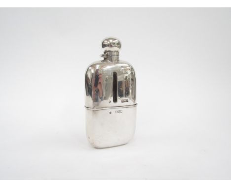 A William Hutton &amp; Sons Ltd silver mounted glass hip flask, removable cup having gilt interior, London 1902, 372g total 