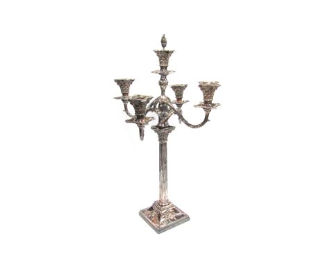 A Victorian Richard Hodd &amp; Son silverplated four light candelabrum with bead and swag decorated base, column stem to foli