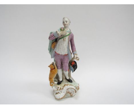 A late 18th/ early 19th Century porcelain figure of a gent carrying portrait miniature and posy. With dog at his feet. Right 