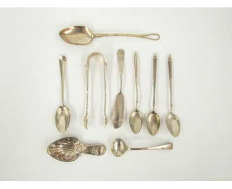 Mixed silver including teaspoons, white metal tea caddy spoon etc, 97g 