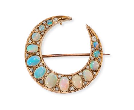 AN OPAL AND DIAMOND CRESCENT MOON BROOCH designed as a crescent moon set with a row of graduating oval and round cabochon opa