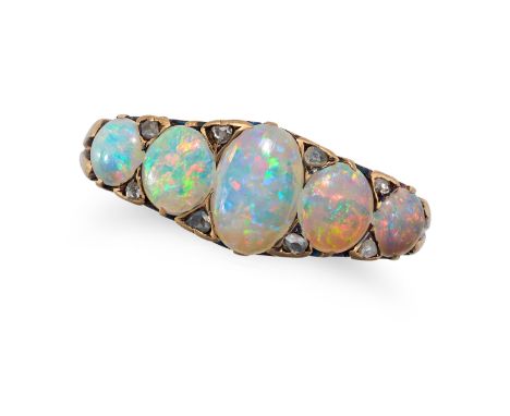 AN ANTIQUE OPAL FIVE STONE RING in yellow gold, set with five oval cabochon opals accented by rose cut diamonds, no assay mar