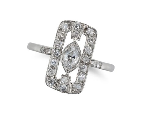 A DIAMOND DRESS RING the openwork geometric face set with a marquise cut diamond and accented by single cut diamonds, no assa