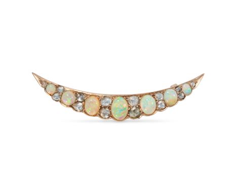 AN ANTIQUE OPAL AND DIAMOND CRESCENT MOON BROOCH in yellow gold, set with graduating cabochon opals and accented by rose cut 