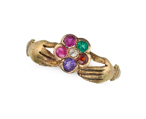 AN ANTIQUE ACROSTIC FEDE RING in yellow gold, set with a ruby, emerald, garnet, amethyst, ruby and diamond, spelling regard a