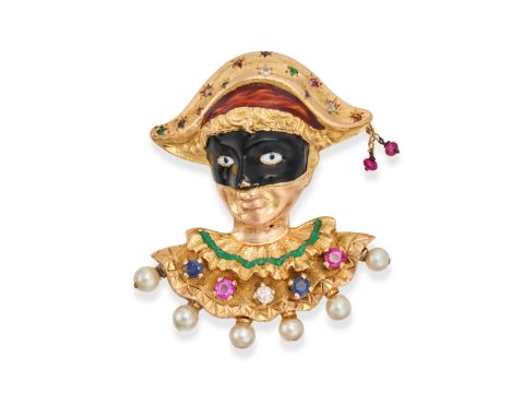 A VINTAGE MULTIGEM AND ENAMEL HARLEQUIN BROOCH in yellow gold, designed as the bust of a Venetian harlequin, set throughout w