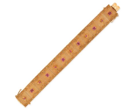 BREVETTO, A VINTAGE RUBY BRACELET in 18ct yellow gold, comprising a row of rectangular panel links accented by round cut rubi