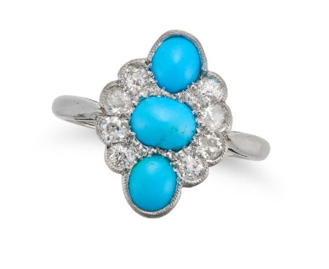 A TURQUOISE AND DIAMOND DRESS RING set with three cabochon turquoise in a border of old cut diamonds, A.H & S maker's mark, s