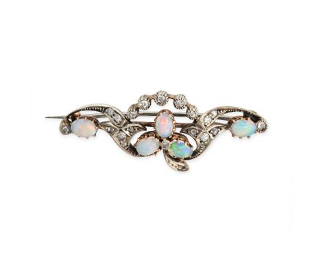 AN ANTIQUE OPAL AND DIAMOND BROOCH, 19TH CENTURY in yellow gold and silver, comprising a clover motif set with cabochon opals