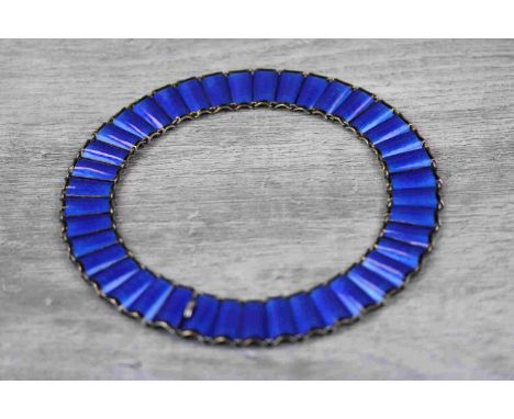 Einar Modahl: Norwegian enamelled silver panel necklace, each curved flared panel with blue basse-taille enamelling and black