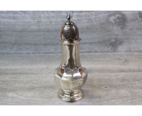 Silver sugar caster, scallop detailing to foot and body, triangular finial, makers Elkington &amp; Co Ltd, Birmingham 1902, h