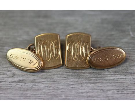 Pair of 18ct rose gold chain link cufflinks, formed of an oval panel with engraved date and s rectangular panel with engraved