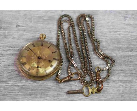 18ct yellow gold open faced key wind pocket watch, gilt engine turned dial and subsidiary dial, central engraved foliate deco