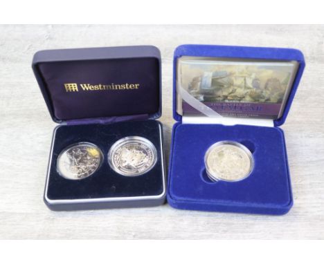 Boxed Royal Mint Battle of Trafalgar Silver proof Crown coin with COA 2005, &amp; a boxed Westminster Mint 2 x £5 Crown coin 