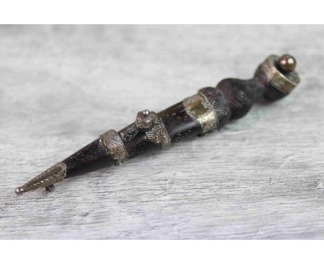 Victorian silver and bog oak kilt pin modelled as a Scottish dirk, the handle and sheath formed of bog oak with unmarked silv