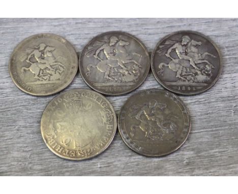 Five vintage UK Silver Crown coins to include Charles II 1662, George III &amp; Victorian