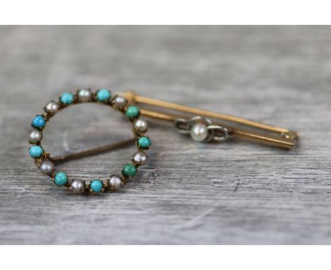Victorian turquoise and blister pearl yellow metal brooch, the open circular form with small round cabochon turquoise and bli
