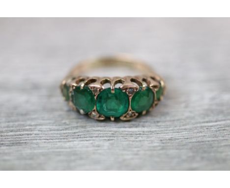 Victorian five stone boat head 9ct rose gold ring, five graduated round mixed cut green composite stones, claw settings, ring