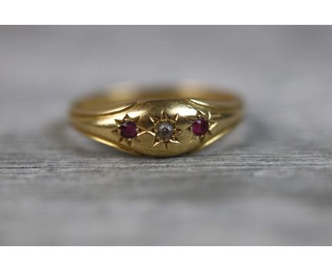 Edwardian ruby and diamond 18ct yellow gold ring, small eight cut gypsy set diamond to centre, small round mixed cut gypsy se