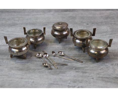 Japanese silver cruet set of cauldron form comprising two open salt cellars, two open pepper pots and one mustard pot, raised