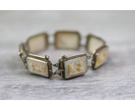 Mother-of-pearl cameo silver panel bracelet, each rectangular cameo with classical Roman scene, rub over setting with rope tw