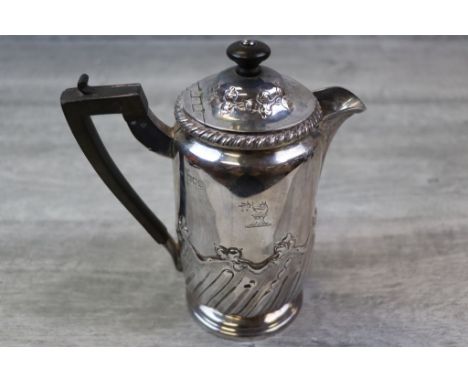 Late Victorian silver hot water pot, gadroon and foliate scroll decoration to lower half, horse head crest, engraved foliate 