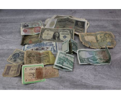 Small collection of vintage Banknotes to include 1920's German, 1939 Royal Bank of Scotland £1, Military issue notes etc