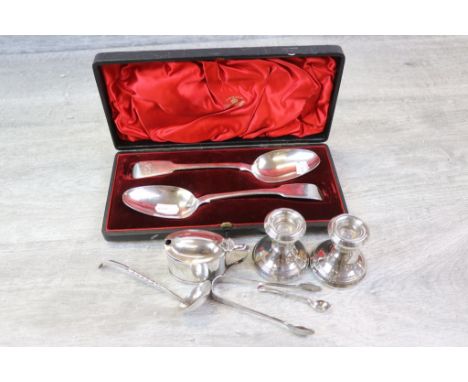 Collection of silver items comprising a pair of George IV silver table spoons, fiddle pattern, initialled terminals, makers C