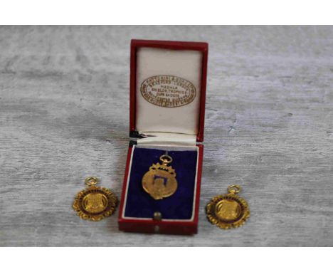 Three enamelled 9ct yellow gold medals: a 9ct yellow gold medal awarded by Tynemouth Village to J.W. Goldson for War Service 