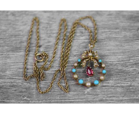 Edwardian turquoise, seed pearl and pink composite stone unmarked yellow gold pendant modelled as a wreath, seed pearl set ri