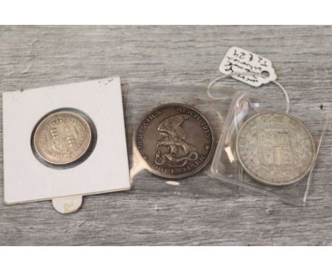 1886 Silver Florin in good condition, 1887 Silver Shilling &amp; a 1913 German Drei Marks silver coin