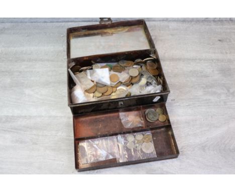 Cash tin of vintage UK &amp; World coinage to include Silver, 19th Century, small group of World Banknotes to include German 