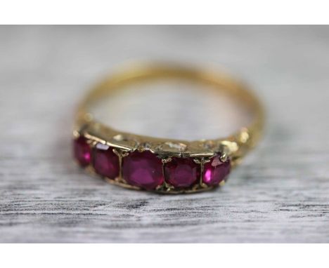 Victorian ruby five stone 18ct yellow gold ring, five graduated cushion cut rubies, the largest measuring approximately 4.5mm