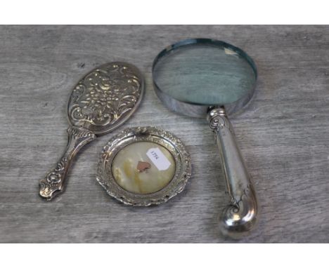 Victorian mother of pearl and silver circular pin tray with rose metal Spade emblem to centre of mother-of-pearl panel, pierc