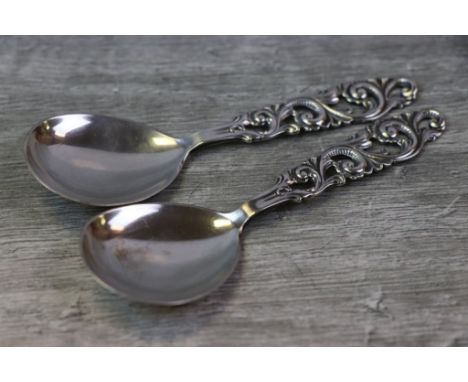 Brodrene Mylius: pair of Norwegian silver caddy spoons, pierced foliate scroll handle, plain bowl, stamped 830 S with Brodren