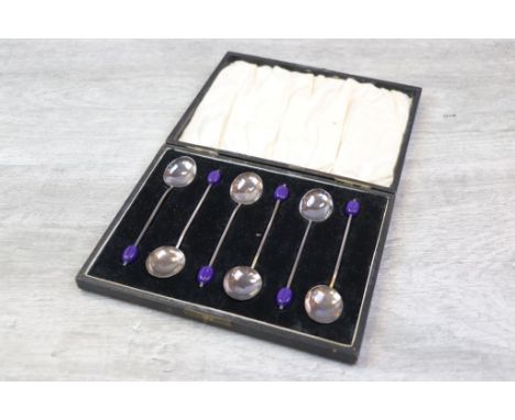 Cased set of six George V silver coffee bean finial coffee spoons, purple bakelite coffee bean finials, makers Roberts &amp; 